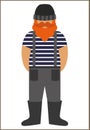 Fisherman/sailor man flat icon - a man with a mustache a beard wearing an in vest and overalls jumpsuit boots and knit hat.