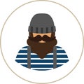 Fisherman/sailor man flat icon - a man with a mustache a beard wearing an in vest and overalls jumpsuit and knit hat.