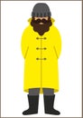 Fisherman/sailorman flat icon - a man with a mustache a beard wearing an in a trench coat raincoat boots and knit hat.