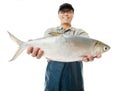 fisherman showing big milkfish fish isolated on white