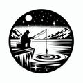 Fisherman silhouette in the background of the night sky. Vector illustration, fishing icon, generative ai Royalty Free Stock Photo