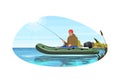 Fisherman sit in boat semi flat vector illustration