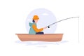 Fisherman sits on boat with fishing rod. Fishman crocheted spin into the sea. Fishing concept. Flat style vector illustration