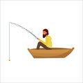 Fisherman sitting in boat with equipment isolated on white background stock vector illustration in flat style Royalty Free Stock Photo