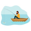 Fisherman sitting in boat with equipment isolated on white background stock vector illustration in flat style. Royalty Free Stock Photo