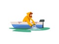 Fisherman Sitting in Boat with Fishing with Net, Fishman Character Wearing Raincoat Vector Illustration