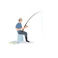 Fisherman Sitting on Bucket with Fishing Rod and Caught Fish, Male Fisher Character Vector Illustration