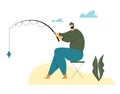 Fisherman Sitting on Chair with Rod on Coast Having Good Catch. Man Fishing on Lake or River at Summer Day Royalty Free Stock Photo