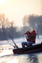 Fisherman sitting on frozen lake and drink tea Royalty Free Stock Photo