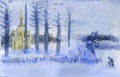 Fisherman sitting on ice of frozen lake. Watercolor painting. Royalty Free Stock Photo