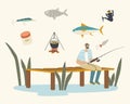 Fisherman Sitting with Rod on Wooden Pier Having Good Catch. Male Character Fishing on Calm Lake or River at Summer Day Royalty Free Stock Photo