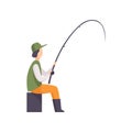 Fisherman sitting on the shore and fishing with a fishing rod vector Illustration on a white background