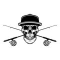 Fisherman skull with crossed fishing rods. Design element for logo, emblem, sign, poster, t shirt.