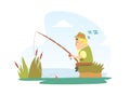 Fisherman Snoozing Sitting on Lake Shore with Fishing Rod Cartoon Vector Illustration