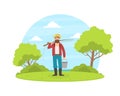 Fisherman Standing with Bucket and Fishing Rod on Background of Summer Rural Landscape Vector Illustration