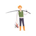 Fisherman standing with caught fish and fishing rod vector Illustration on a white background