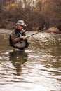 Fisherman standing in river when fishing for trout Royalty Free Stock Photo