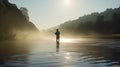 fisherman standing in river at morning fog