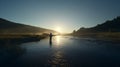 fisherman standing in river at morning fog