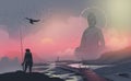 Fisherman standing on the rock and looking at to big statue of Buddha statue, against sunset. Royalty Free Stock Photo