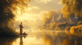 Fisherman sunrise river cottage autumn peace Royalty Free Stock Photo