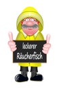 Fisherman in traditional yellow rain clothes holds an advertising sign with the text Leckerer RÃÂ¤ucherfisch Royalty Free Stock Photo