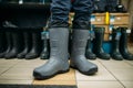 Fisherman tries on rubber boots in fishing shop Royalty Free Stock Photo