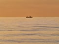 Fisherman trowing net from a small fishing boat at dusk, calm sea Royalty Free Stock Photo