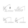 Fisherman trying to catch a fish. Stick figure icon
