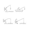 Fisherman trying to catch a fish. Stick figure icon