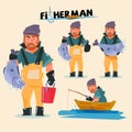 Fisherman in various actions. character design -