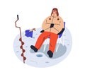 Fisherman in winter. Ice fishing in cold season. Senior man fisher sitting in chair at drilled hole in frozen river