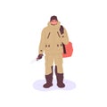 Fisherman in winter outfit ready for ice fishing in cold weather. Fisher man portrait. Angler in warm clothes stands Royalty Free Stock Photo