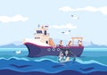 Fisherman work boat. Industry professional fishing, cartoon sailors with fisher net sea ship, commercial fishery marine