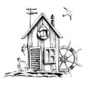 Fisherman's house on the grass with a ship's wheel, a bottle of rum and a seagull, isolated composition on a