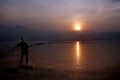 Fisherman at Yangtze river at sunset Royalty Free Stock Photo