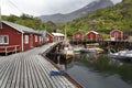 Fishermans cabins Rorbuer at a landing stage in the village Nusfjord, Lofoten islands, Norway