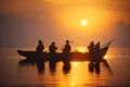 Fishermen in boat at sunrise silhouettes. ai generative Royalty Free Stock Photo