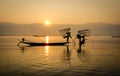 Fishermen with boats on Inlay lake in Shan, Myanmar Royalty Free Stock Photo