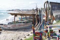 Fishermen boats and outdoor beach restaurant