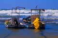 Fishermen boat at the small port of Givat Olga Hadera Israel in rough sea Royalty Free Stock Photo