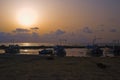 Fishermen boat at the small port of Givat Olga Hadera Israel in sunset