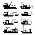 Fishermen boats trawlers set isolated Vectors Silhouettes Royalty Free Stock Photo