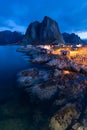 Fishermen cabins in the Hamnoy village at night, Lofoten Islands, Norway Royalty Free Stock Photo