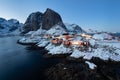 Fishermen cabins rorbu in the Hamnoy village at twilight in winter season, Lofoten islands, Norway Royalty Free Stock Photo