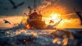 Fishermen casting fishing nets into the sea from their boat in full action at dawn. A day in the hard life of professional Royalty Free Stock Photo