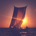 Fishermen on a Catamaran at Sunset