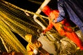 Fishermen choose a trawl with fish aboard