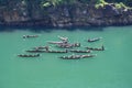 Fishermen at Dawki River Meghalaya, India. River has crystal clear water in a lush environment and is a popular place for boating Royalty Free Stock Photo