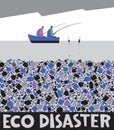 Fishermen are fishing on a boat. The bottom consists of garbage. Lettering eco disaster